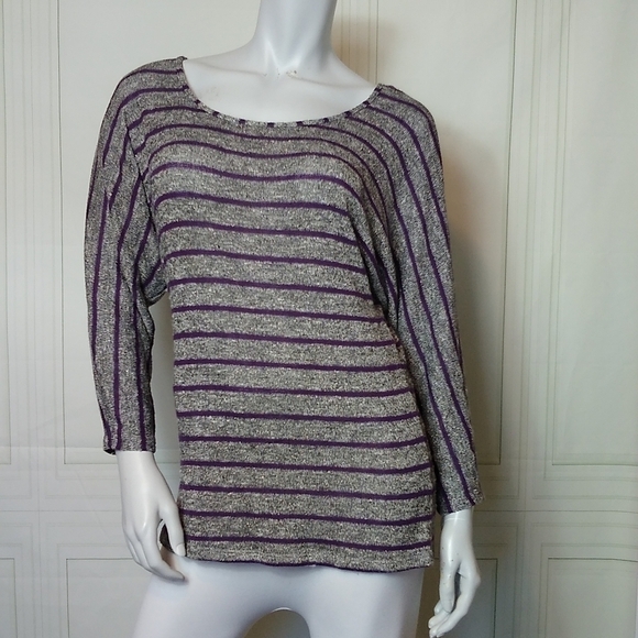 Magic Fit Top Womens Medium Purple Silver Striped Long Sleeve Stretch - Picture 2 of 10